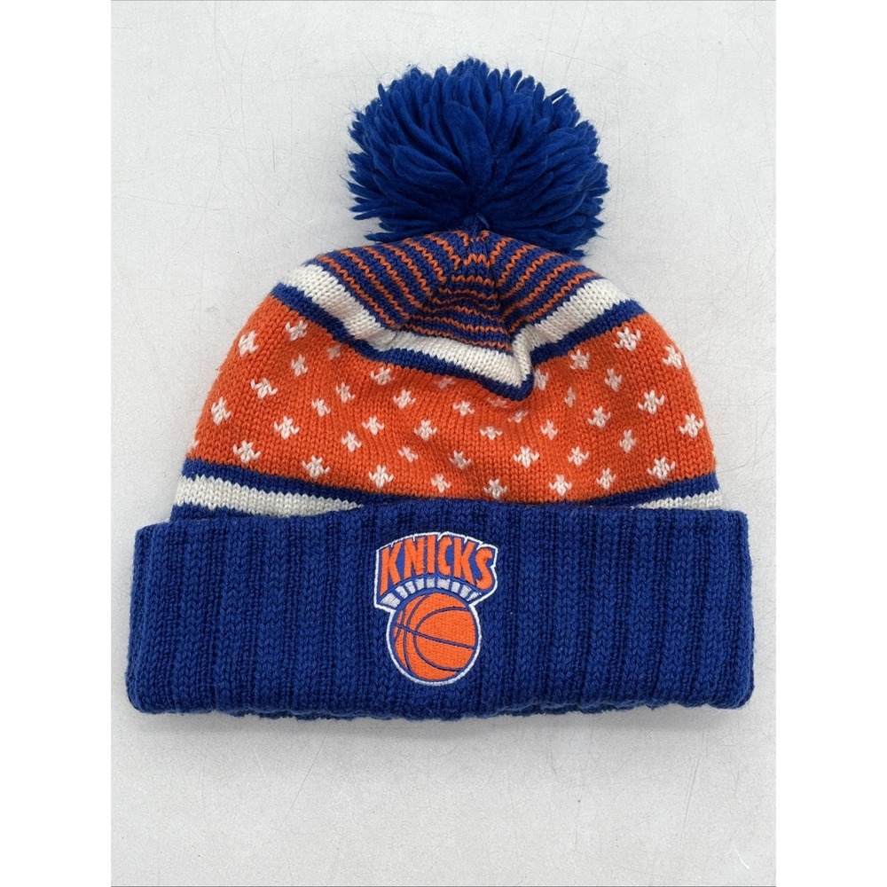 Mitchell & Ness New York Knicks Beanie Pom Knit Hat NBA Blue Orange Winter Cap